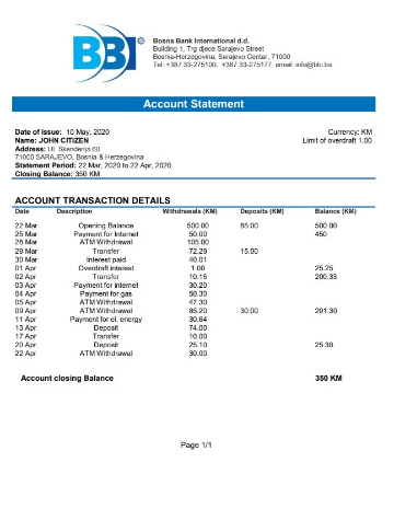 Download Bosnia and Herzegovina Bosna bank International bank  statement word